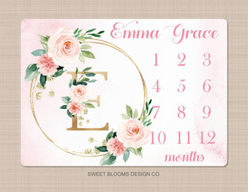 Girl Milestone Blanket Floral Wreath Coral Pink Blush Floral Personalized Newborn Baby Girl Watercolor Roses Flowers Baby Shower Gift B819