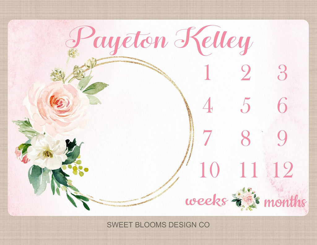 Girl Milestone Blanket Floral Wreath Coral Pink Blush Floral Personalized Newborn Baby Girl Watercolor Roses Flowers Baby Shower Gift B978