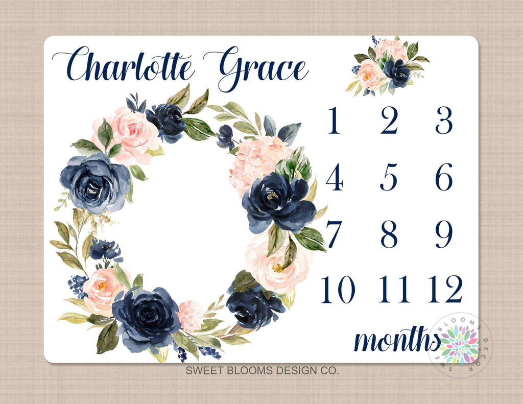 Girl Milestone Blanket Floral Wreath Navy Blue Coral Pink Blush Floral Personalized Newborn Baby Girl Modern Watercolor Roses Flowers B707