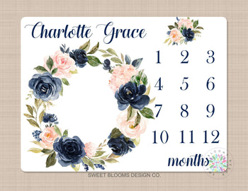 Girl Milestone Blanket Floral Wreath Navy Blue Coral Pink Blush Floral Personalized Newborn Baby Girl Modern Watercolor Roses Flowers B707