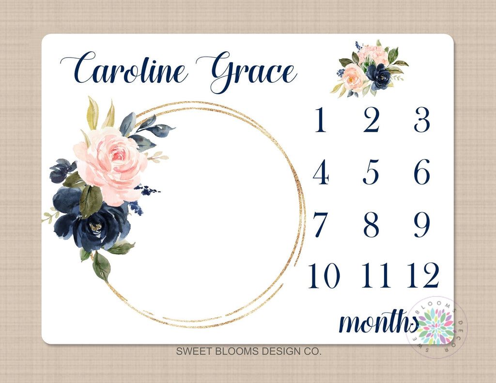 Girl Milestone Blanket Floral Wreath Navy Blue Coral Pink Blush Floral Personalized Newborn Baby Girl Modern Watercolor Roses Flowers B712