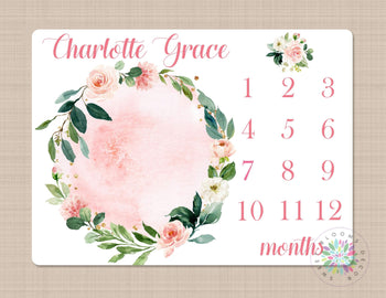 Girl Milestone Blanket Personalized Coral Pink Blush  Watercolor Floral Wreath Monthly Growth Newborn Baby Girl Name Baby Shower Gift B669