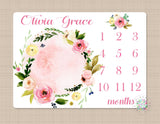 Girl Milestone Blanket Personalized Pink Flowers Watercolor Floral Wreath Monthly Photo Prop Newborn Baby Girl Name Baby Shower Gift B670
