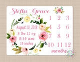 Girl Milestone Blanket Personalized Pink Watercolor Floral Wreath Monthly Growth Newborn Birth Announcement Baby Girl Baby Shower Gift B438