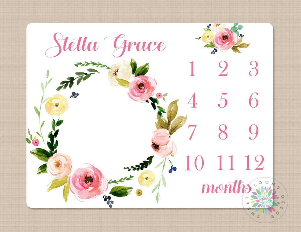 Girl Milestone Blanket Personalized Pink Watercolor Floral Wreath Monthly Growth Photo Prop Newborn Baby Girl Name Baby Shower Gift B359