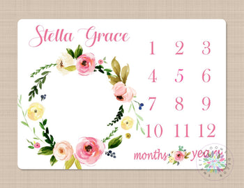 Girl Milestone Blanket Personalized Pink Watercolor Floral Wreath Monthly Growth Photo Prop Newborn Baby Girl Name Baby Shower Gift B395