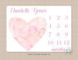 Girl Milestone Blanket Personalized Pink Watercolor Hearts Monthly Growth Photo Prop Newborn Baby Girl Name Baby Shower Gift B732