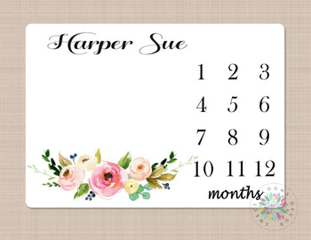 Girl Milestone Blanket Pink Coral Leaves Floral Monthly Growth Tracker Newborn Baby Girl Watercolor Flowers Blanket Baby Shower Gift B492