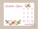 Girl Milestone Blanket Pink Floral Monthly Growth Tracker  Personalized Newborn Baby Girl Watercolor Flowers Blanket Baby Shower Gift B351