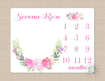 Girl Milestone Blanket Pink Floral Monthly Growth Tracker  Personalized Newborn Baby Girl Watercolor Flowers Blanket Baby Shower Gift B372