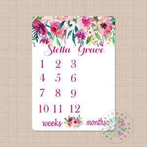 Girl Milestone Blanket Pink Floral Monthly Growth Tracker Personalized Newborn Baby Girl Watercolor Flowers Blanket Baby Shower Gift B381