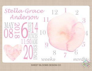 Girl Milestone Blanket Pink Gray Coral Watercolor Heart Monthly Baby Blanket Milestone Photo Prop Personalized Baby Shower Gift B731-Sweet Blooms Decor