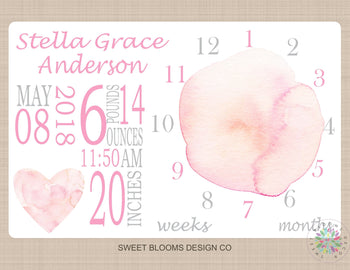 Girl Milestone Blanket Pink Gray Coral Watercolor Heart Monthly Baby Blanket Milestone Photo Prop Personalized Baby Shower Gift B731-Sweet Blooms Decor