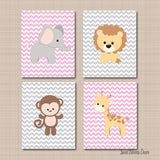 Girl Safari Animals Nursery Wall Art Pink Gray Chevron Girl Bedroom Decor Animals Chevron Elephant Monkey Lion Giarffe C495-Sweet Blooms Decor