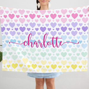 Rainbow Hearts Baby Girl Name Blanket, Personalized Pastel Color  Rainbow Hearts B1192
