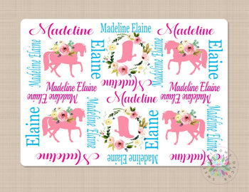 Horse Baby Girl Blanket Name Monogram Floral Blanket Horse Boots Shoe Swaddling Blanket Pink Blue Flowers Baby Shower Gift Nawborn  B497