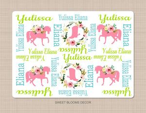 Horse Baby Girl Name Blanket Florals Boots Shoes Swaddling Blanket Pink Flowers Baby Shower Gift B1043