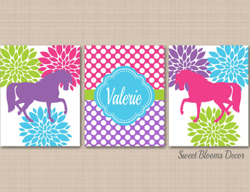 Horse Flowers Wall Art Pony Bedroom Decor Pink Purple Green Teal Horse Floral Polkadots Ponies Art 483-Sweet Blooms Decor