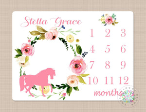 Horse Milestone Blanket Girl Monthly Growth Tracker Pink Flowers Baby Girl Name Blanket Cowgirl Blanket Baby Shower Gift Floral Bedding B390