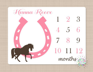 Horse Mliestone Blanket Monthly Growth Tracker Pink Brown Horses Baby Girl Name Blanket Horseshoe Blanket Baby Shower Gift Bedding  B275