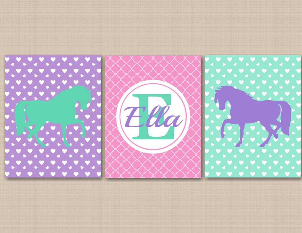 Horse Wall Art Pink Turquoise Teal Purple Horse Pony Girl Bedroom Decor Horse Monogram Name Hearts C191-Sweet Blooms Decor