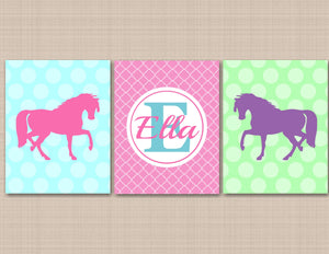 Horses Kids Wall Art Pink Purple Blue Teal Green Horse Pony Polkadots Baby Girl Bedroom Decor Name Monogram C189-Sweet Blooms Decor
