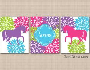 Horses Wall Art Nursery Decor Pink Purple Blue Floral Flowers Ponies Girl Bedroom Decor Name Monogram Birthday Shower 483-Sweet Blooms Decor