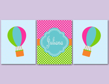Hot Air Balloon Nursery Wall Art Pink Green Teal Polkadots Polka dots Name Monogram C193-Sweet Blooms Decor
