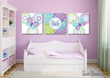 Butterflies Nursery Wall Art Purpe Lavender Teal Lime Green Floral Flowers Baby Girl Bedroom Decor Name Monogram