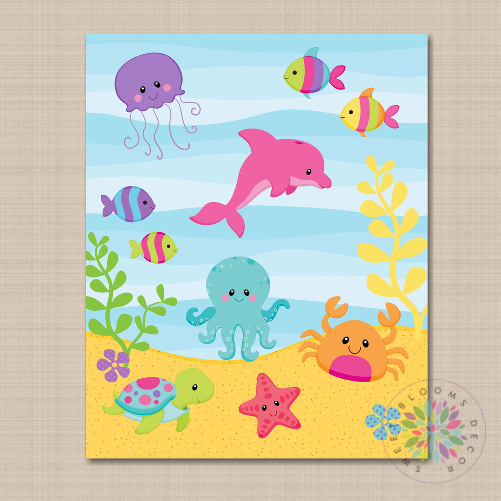 Sea Animals Nursery Decor Under The Sea Wall Art Girl Sea Animals Nurs –  Sweet Blooms Decor