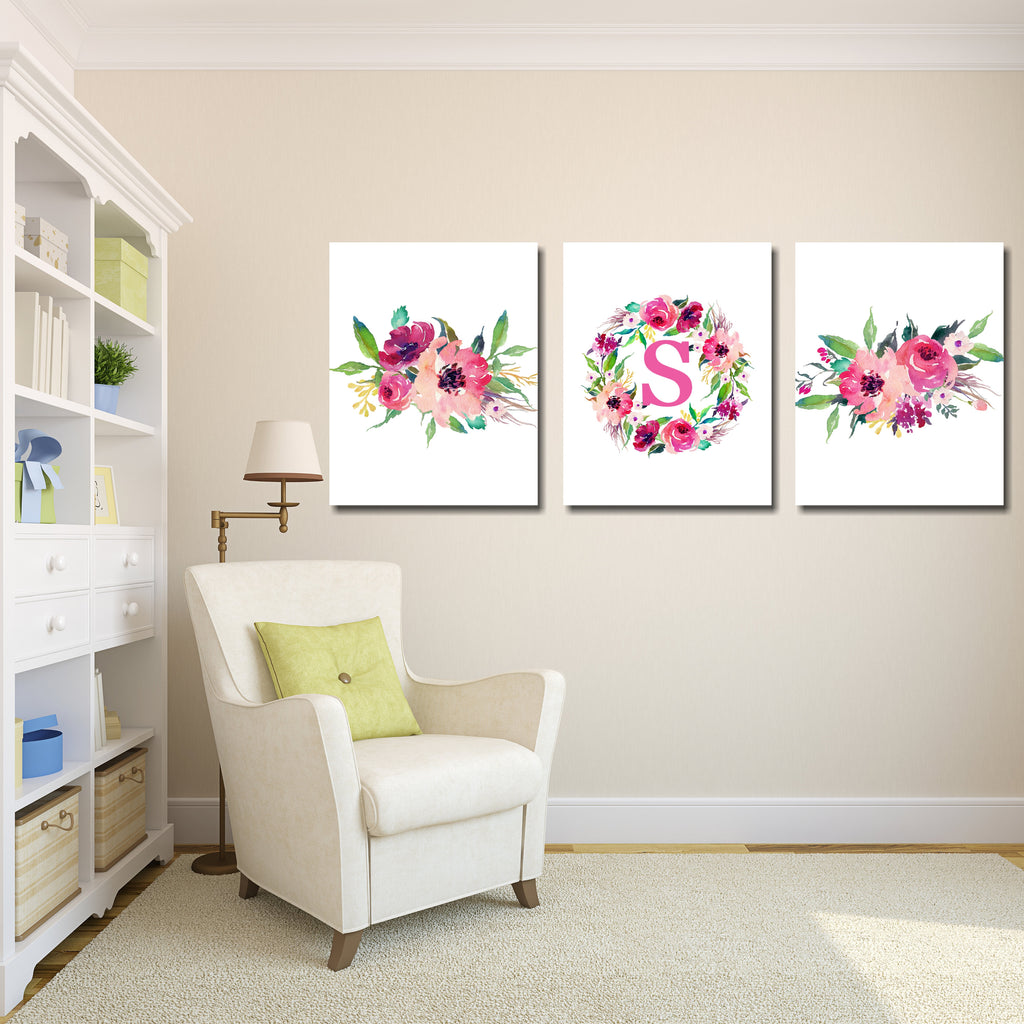 Floral Nursery Wall Art Watercolor Flowers Pink Purple Girl Bedroom Decor Roses Monogram Name Wall Decor Office Decor  C735