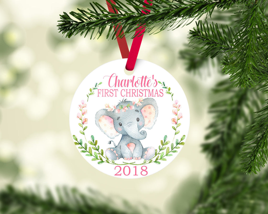 Elephant Baby Christmas Ornament Personalized Safari Animals Baby Girl 1st First Christmas Baby Shower Gift New Baby Holiday Ornament 114