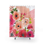 Floral Shower Curtain Watercolor Pink Peach Red Flowers Girl Bathroom Curtain Bath Mat Towel Modern Shower Curtain Guest Bathroom S128