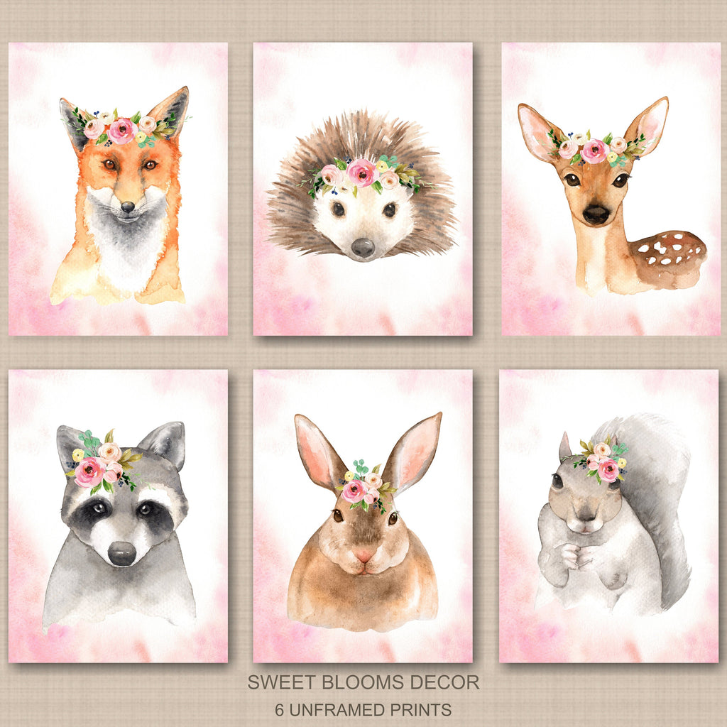 Woodland Animals Girl Nursery Wall Art Watercolor Pink Coral Blush Floral Modern Boho Flowers Gift Baby Room Decor  C820