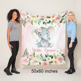 Milestone Blanket Girl Elephant Floral Wreath Navy Blue Coral Pink Blush Floral Personalized Newborn Baby Girl Watercolor Roses Flowers B716