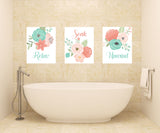 Coral Teal Gray Floral Bathroom Wall Art