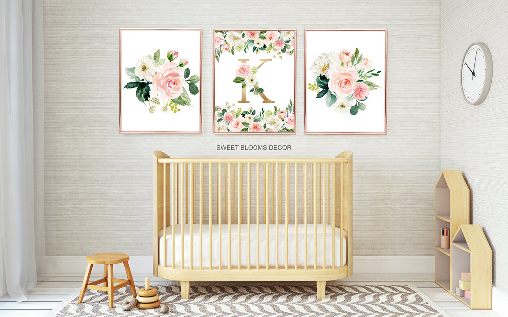 Floral Girl Nursery Wall Art Watercolor Pink Coral Blush Flowers Modern Boho Flowers Baby Shower Gift Baby Room Decor  815