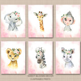 Safari Animals Girl Nursery Wall Art Watercolor Pink Coral Blush Floral Modern Boho Flowers Gift Baby Room Decor  C8117