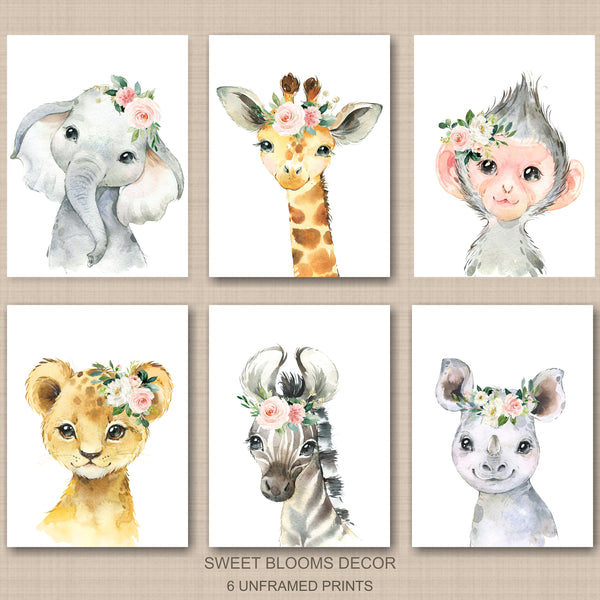 Safari Animals Girl Nursery Wall Art Watercolor Pink Coral Blush Flora ...