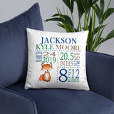 Fox Birth Announcement Pillow Personalized Birth Stats Throw Pillow Baby Shower Gift Woodland Baby Boy Nursery Decor Bedding Navy Brown P179