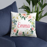 Floral Girl Name Throw Pillow Blush Pink Coral Flowers Leaves Wreath Nursery Bedroom Room Decor Cushion  Watercolor Monogram Bedding  182