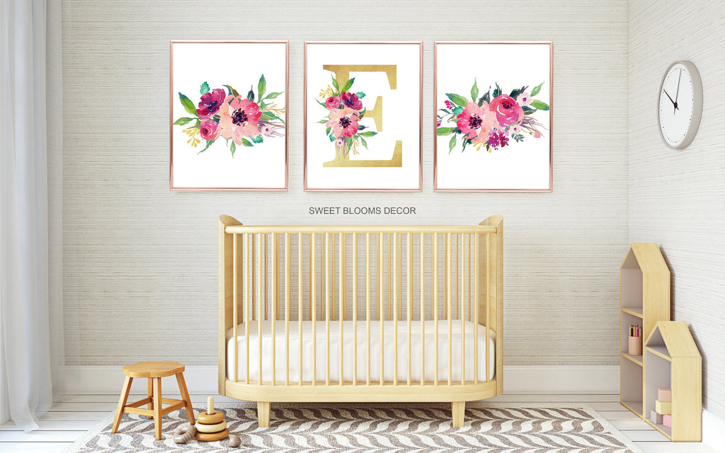Floral Girl Nursery Wall Art Watercolor Pink Magenta Red Flowers Modern Boho Flowers Baby Shower Gift Baby Room Decor  848
