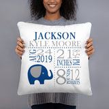 Elephant Birth Announcement Pillow Personalized Birth Stats Throw Pillow Baby Shower Gift Baby Boy Nursery Decor Bedding Navy Blue Gray P192