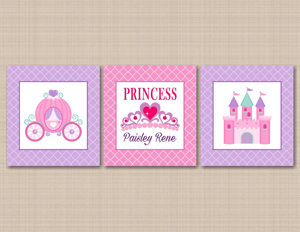 Princess Nursery Wall Art Pink Purple Girl Bedroom Decor Princess Castle Carriage Crown Room Name Monogram  C243