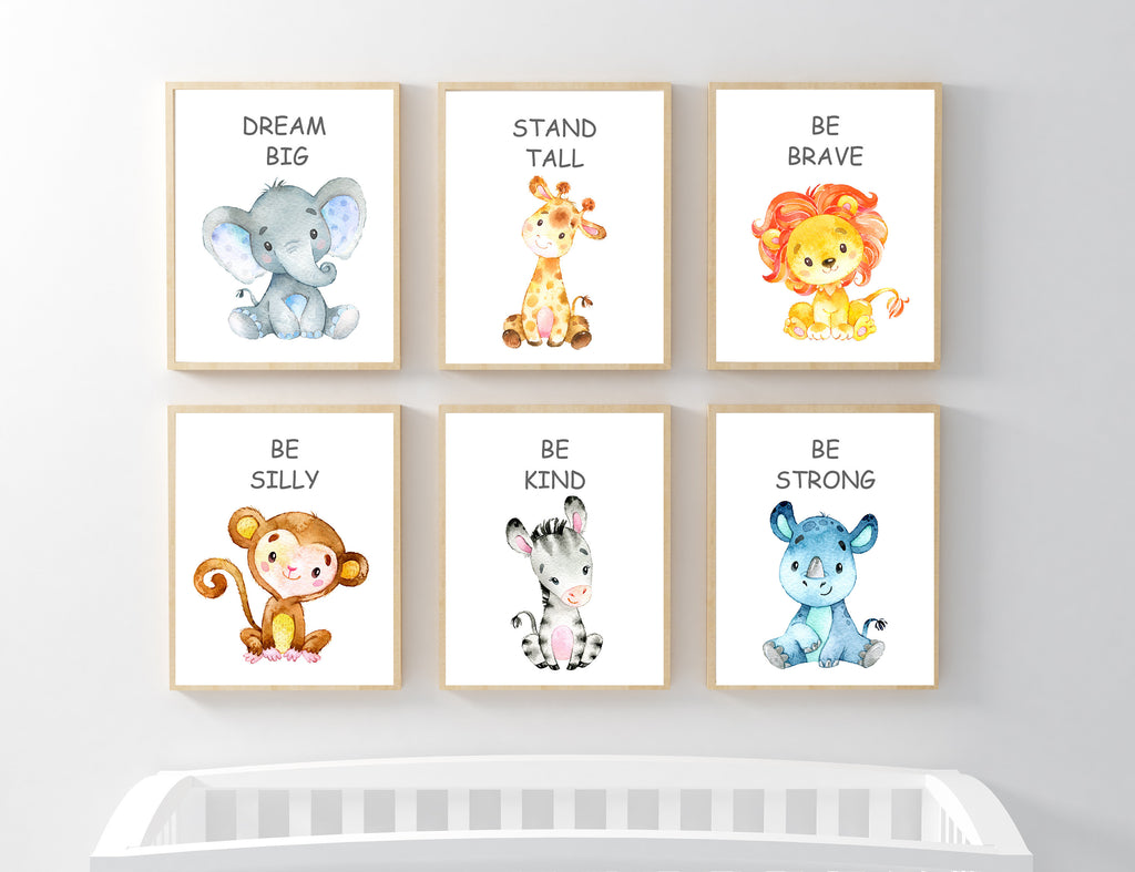 Safari Animals Nursery Wall Art Stand Tall Be Strong Brave Kind Dream Big Neutral Watercolor Lion Monkey Elephant  PRINTS OR CANVAS C829