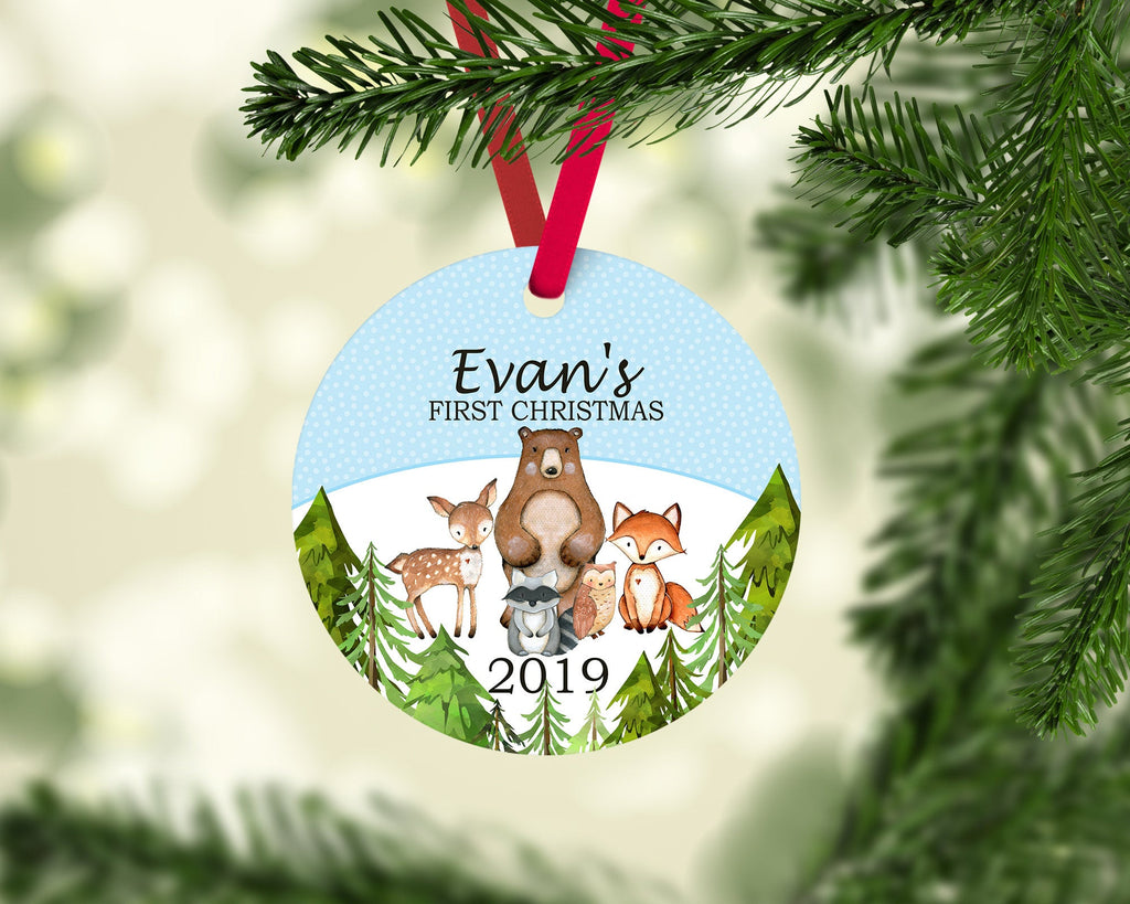 Woodland Christmas Ornament Animals Personalized Baby Boy 1st First Christmas Mountain Forest Shower Gift New Baby Holiday Ornament 168