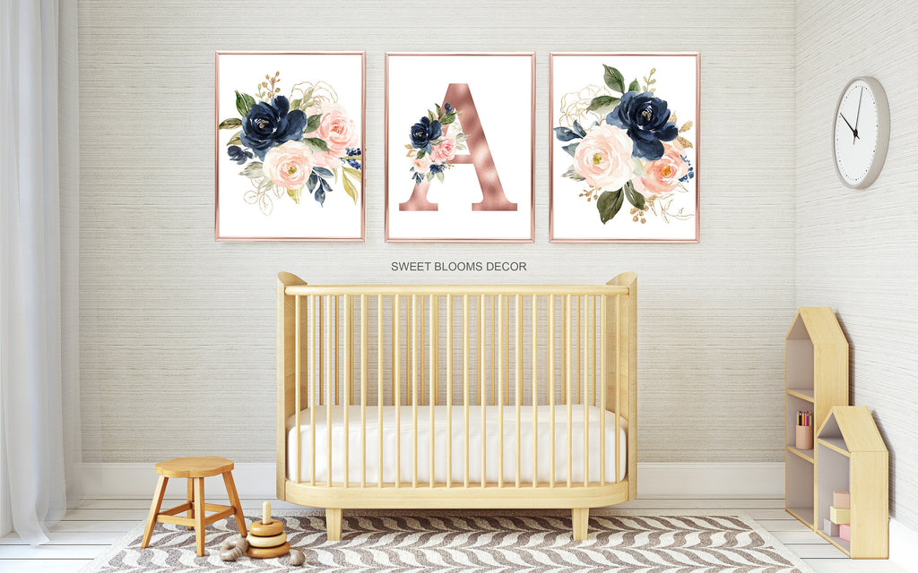 Floral Girl Nursery Wall Art Watercolor Pink Coral Blush Navy Blue Rose Gold Modern Flowers Baby Shower Gift Baby Room   823