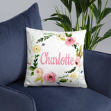 Floral Girl Name Throw Pillow Blush Pink Coral Flowers Leaves Wreath Nursery Bedroom Room Decor Cushion  Watercolor Monogram Bedding  184