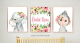 Safari Animals Girl Nursery Wall Art Watercolor Blush Pink Coral Floral Flowers Modern Baby Name Monogram Room Decor  C856