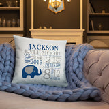 Elephant Birth Announcement Pillow Personalized Birth Stats Throw Pillow Baby Shower Gift Baby Boy Nursery Decor Bedding Navy Blue Gray P192